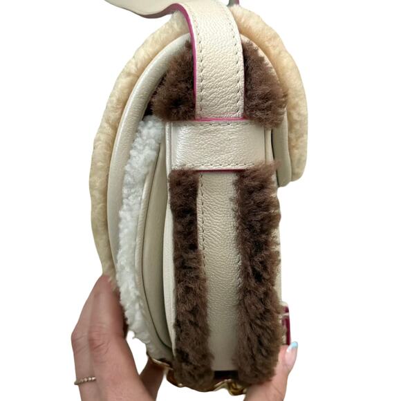 See By Chloe Mara Shearling Sherpa Leather Brown Cement Beige Small Saddle Bag - Picture 11 of 16